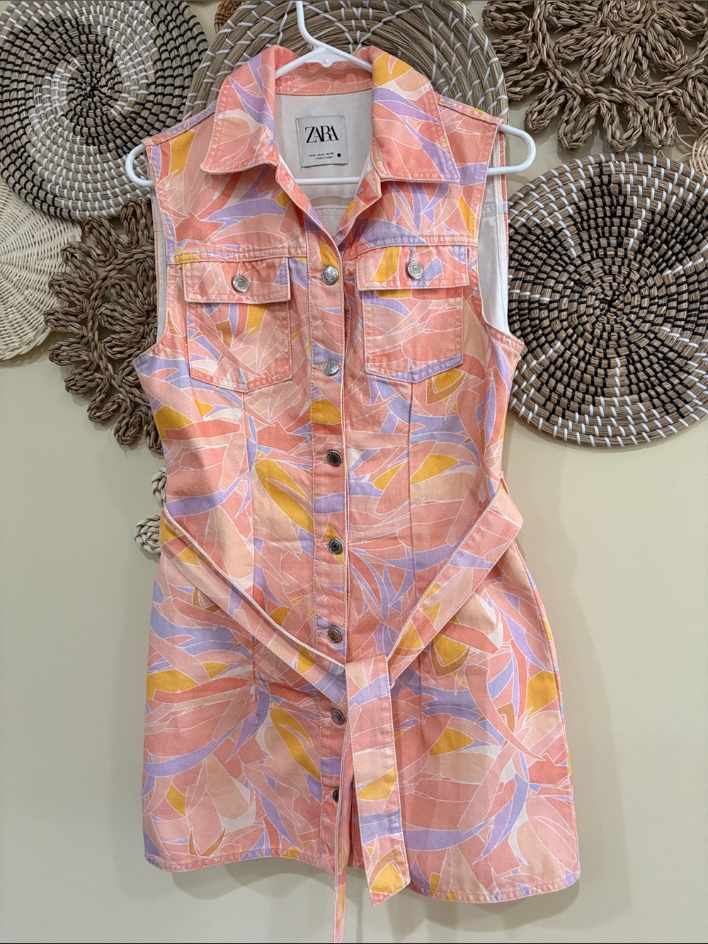 ZARA Women's The Sleeveless Doro Belted Lapel Collar Pastel Denim Dress Size M